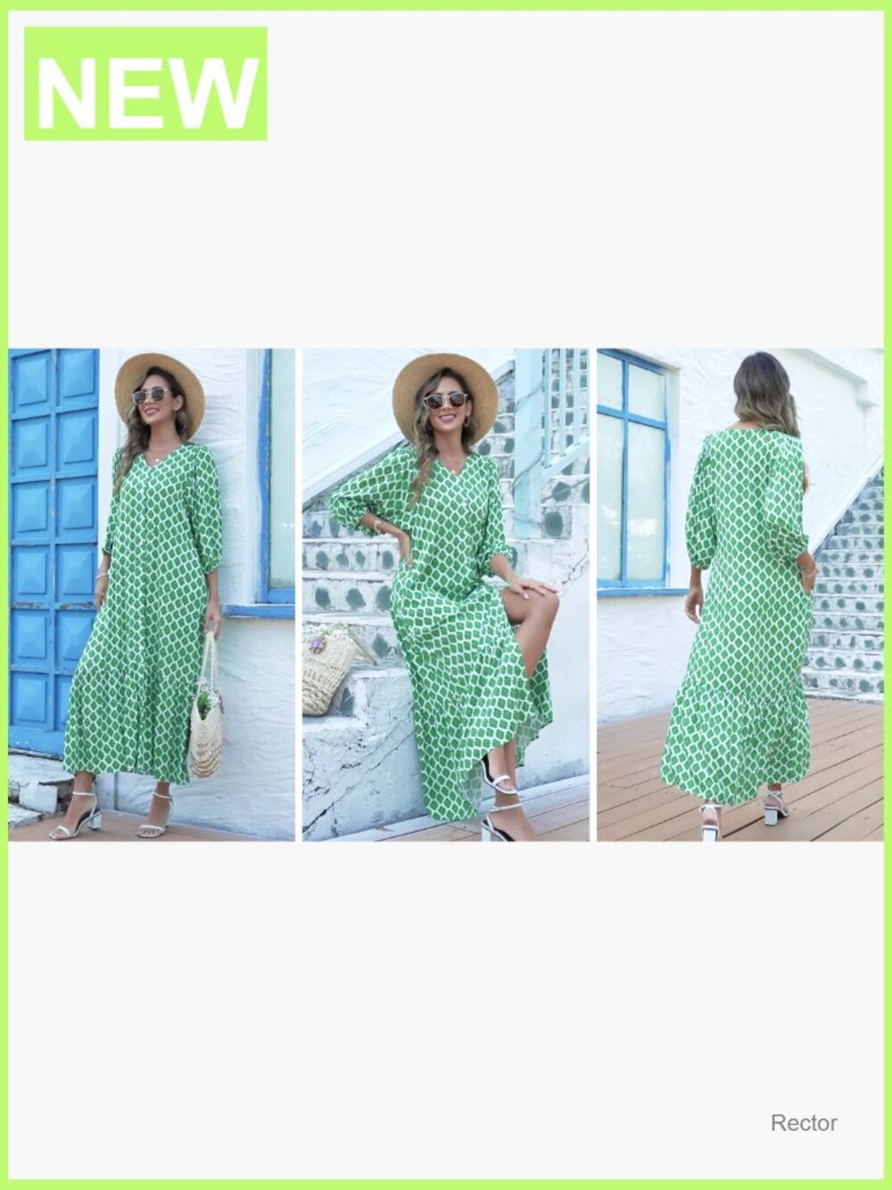 Boho Maxi Dress Puff Sleeve V Neck Flowy Long with Pockets - Picture 7 of 7